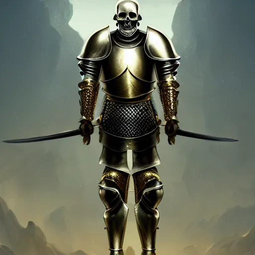 Image similar to a knight in a shiny gold and silver armor, his head is a skull, fantasy art, digital art, trending on artstation, matte painting, 8 k, ultra detailed, looks like it was made by dall - e 2