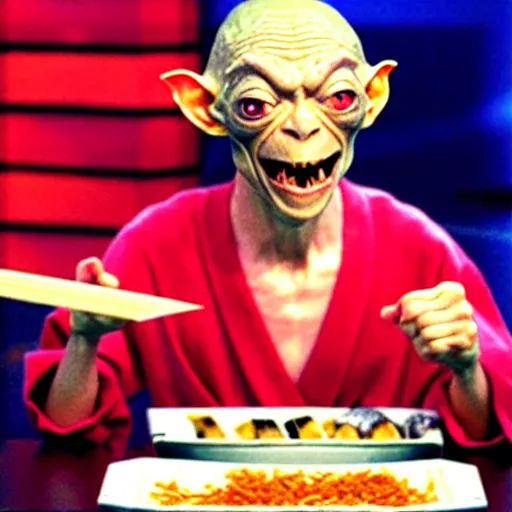 Prompt: gollum from lord of the rings eating sushi on a japanese game show