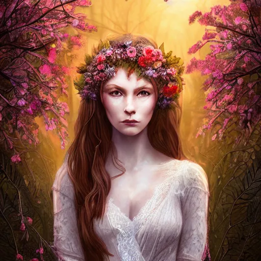 Image similar to a picture of a woman with a symmetrical detailed face, in a white lace dress and covered in flowers and leaves sitting in an enchanted forest, sunset, high fantasy, elegant, epic, detailed, intricate, digital painting, concept art, realistic detailed face, smooth, focus, soft rim light,