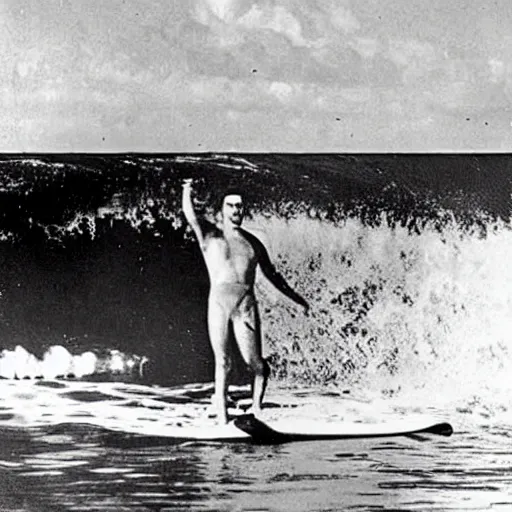 Prompt: Adolf Hitler surfing at the Hawaii, Old photo, 1930