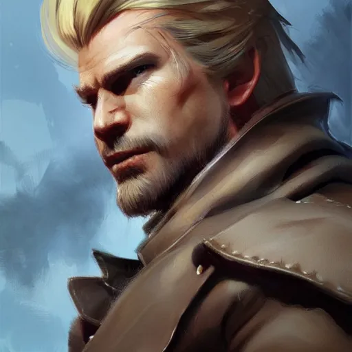 Prompt: portrait of a muscular, grim, ponytail haired blonde man in his late 30's, wearing a thick brown leather coat, looking to his side, half of the face scarred, hunter, DnD character, fantasy character, digital art by Ruan Jia, Krenz Cushart, Rossdraws and Boris Vallejo