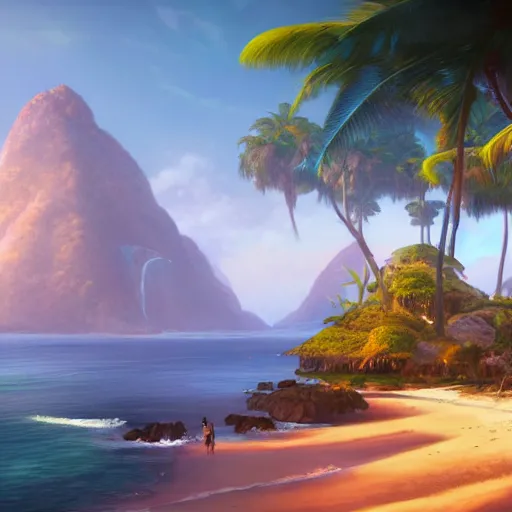 Image similar to a painting of a tropical island, a matte painting by jordan grimmer, cgsociety, fantasy art, matte painting, unreal engine 5