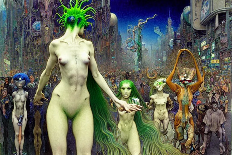 Prompt: realistic extremely detailed portrait painting of ghost girl with green hair wearing dress in a crowded sci-fi city street, very detailed alien crowd by Jean Delville, Amano, Yves Tanguy, Alphonse Mucha, Ernst Haeckel, Edward Robert Hughes, Roger Dean, rich moody colours, blue eyes