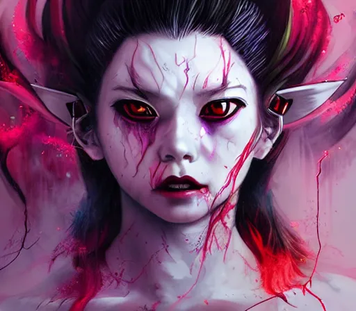 Image similar to a Demon Slayer FAN art portrait ofNezuko Demon form ,by Stanely Artgerm,Tom Bagshaw,arthur adams,Carne Griffiths,trending on DeviantArt,street art,face enhance,chillwave,maximalist,full of color,glittering