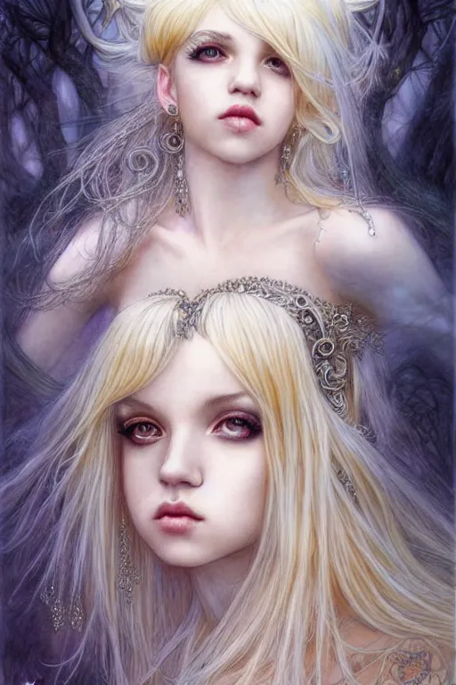 Prompt: Melanie Martinez as a beautiful blonde goddess, fantasy, portrait, sharp focus, intricate, elegant, illustration, ambient lighting, art by Luis Royo