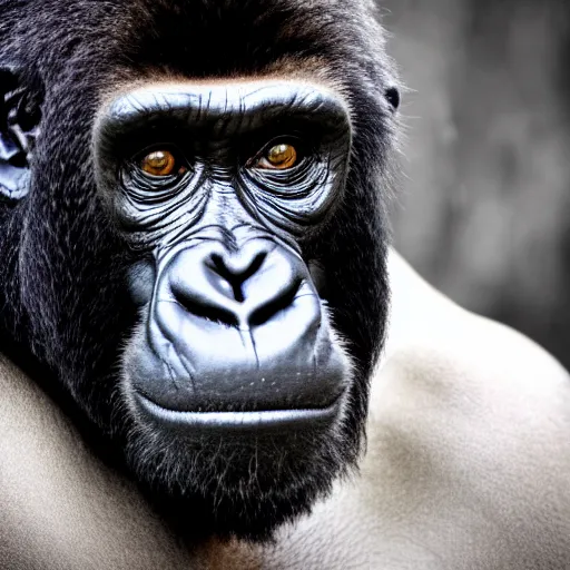 Prompt: portrait photo of a curious silverback gorilla with joe biden's facial features looking into the camera, indoors, f 1. 4, golden ratio, rim light, top light, overcast day