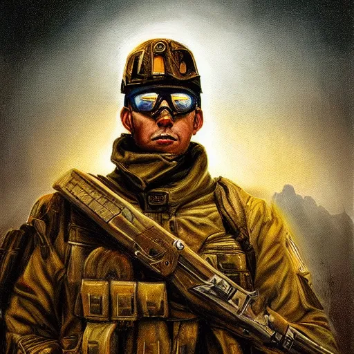 Prompt: a stunning portrait painting of a futuristic soldier in a post apocalyptic landscape, dynamic lighting