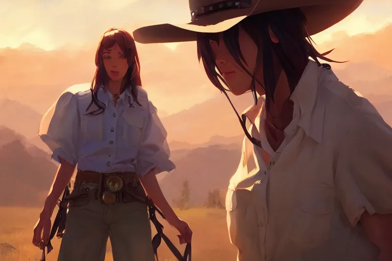 Image similar to western cowgirl, single subject, scenic full shot, ambient lighting, detailed face, by makoto shinkai, stanley artgerm lau, wlop, rossdraws