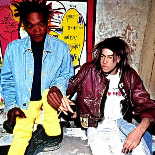 Image similar to photo of basquiat and kurt cobain in basquiat ’ s studio, photorealistic,