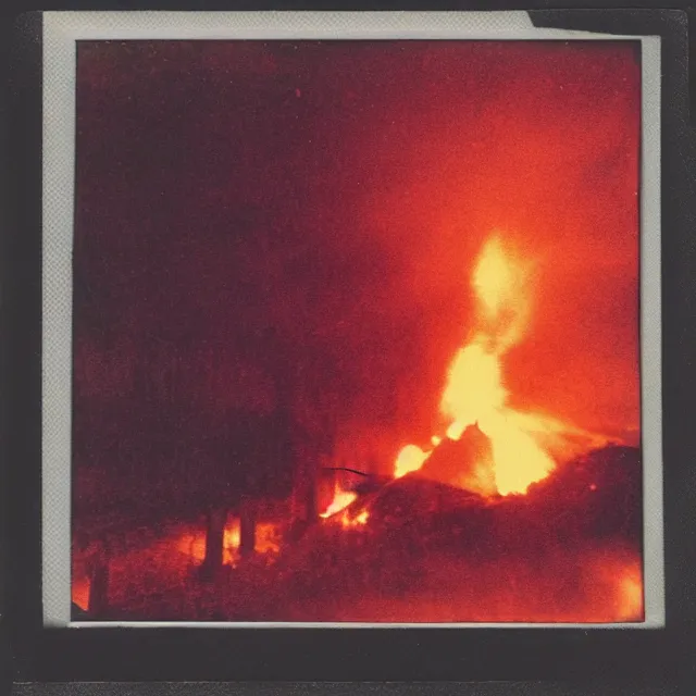 Image similar to polaroid photo of a firey explosion in a gothic church on a hill