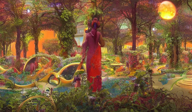 Prompt: dreamlike solarpunk garden fantasycore, glossy painting, Art Nouveau Cosmic 4k Detailed Matte Illustration featured on Getty Images ,CGSociety, Jade and Carrot orange color scheme, Pastiche by Marc Simonetti, Pastiche by Cedric Peyravernay