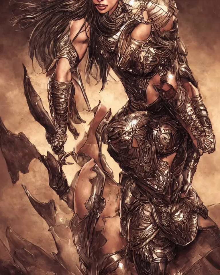 Prompt: cadence lux as an amazon warrior, a tall beautiful woman with brown skin and long hair, dressed in hellenistic body armor, intricate, elegant, highly detailed, smooth, sharp focus, detailed face, art by ardian syaf