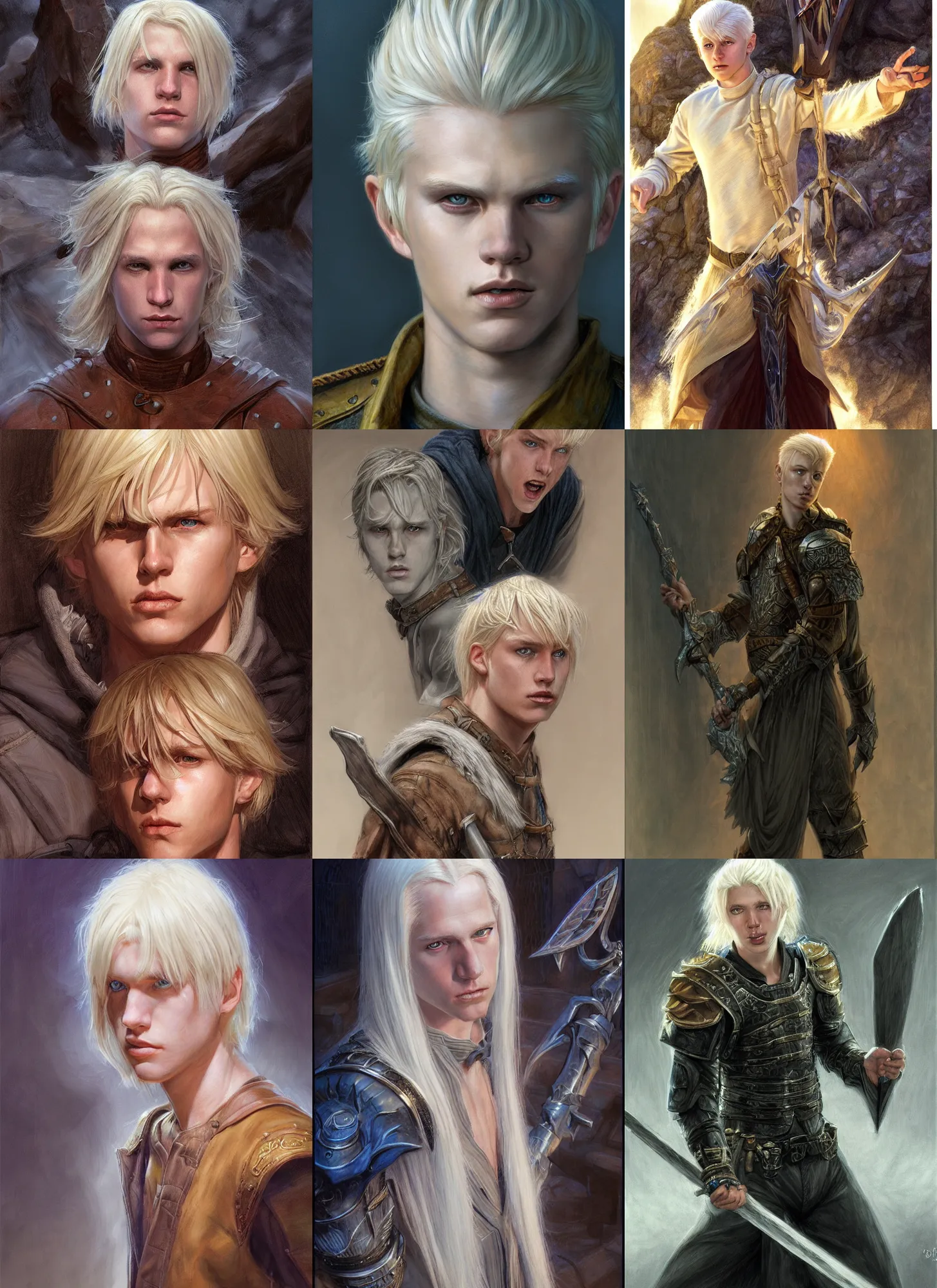 Image similar to a teenage white boy with platinum blonde hair, short to medium length hair, realistic, sorcerer, style by donato giancola, wayne reynolds, jeff easley dramatic light, high detail, cinematic lighting, artstation, dungeons and dragons