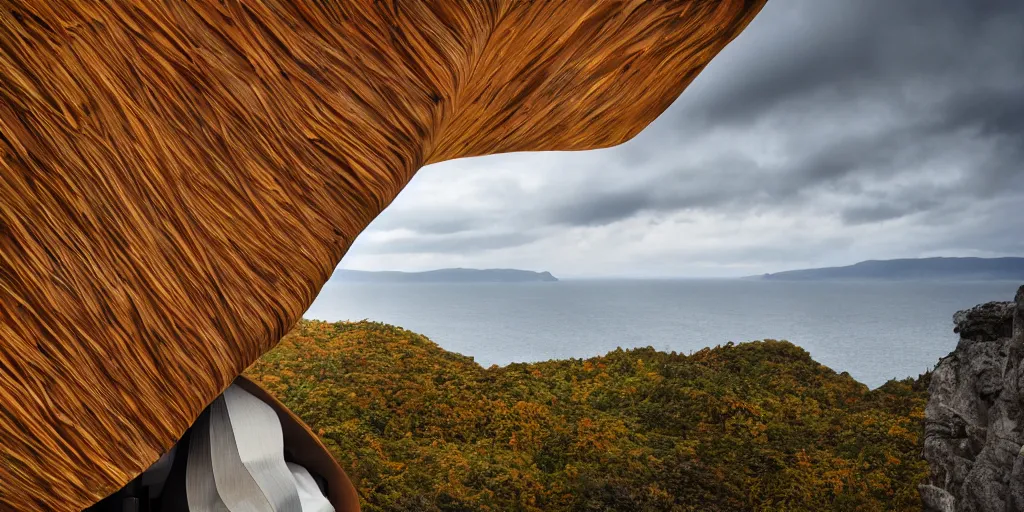 Prompt: wooden weaved cabin on a cliff designed by zaha hadid, cinematic lighting, deep focus, sharp focus, golden ratio, dramatic illumination, hdr, ultra realistic, 8 k, highly detailed, trending on artstation, epic composition, by caravaggio, by artemisia lomi gentileschi