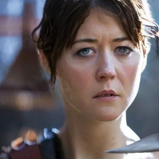 Prompt: mary elizabeth winstead as a warrior in a scifi battlefield