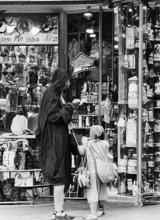 Image similar to a vintage photo of an alien shopping in old Batavia city