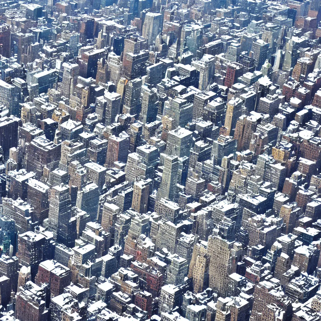 Image similar to manhattan as a comic style winter wonderland, birds view