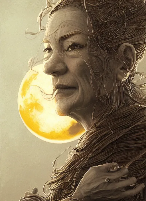 Prompt: golden moon at background, creative!!! composition for a book cover, absurdly beautiful, ultrafine hyperrealistic detailed old witch face by wlop and artgerm and greg rutkowski, intricate linework, sharp focus, smooth, octopath traveler, final fantasy, unreal engine, dramatic lighting, ethereal, 8 k