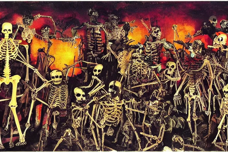 Prompt: scene from apocalypse now, day of the dead, cyber skeleton, neon painting by otto dix