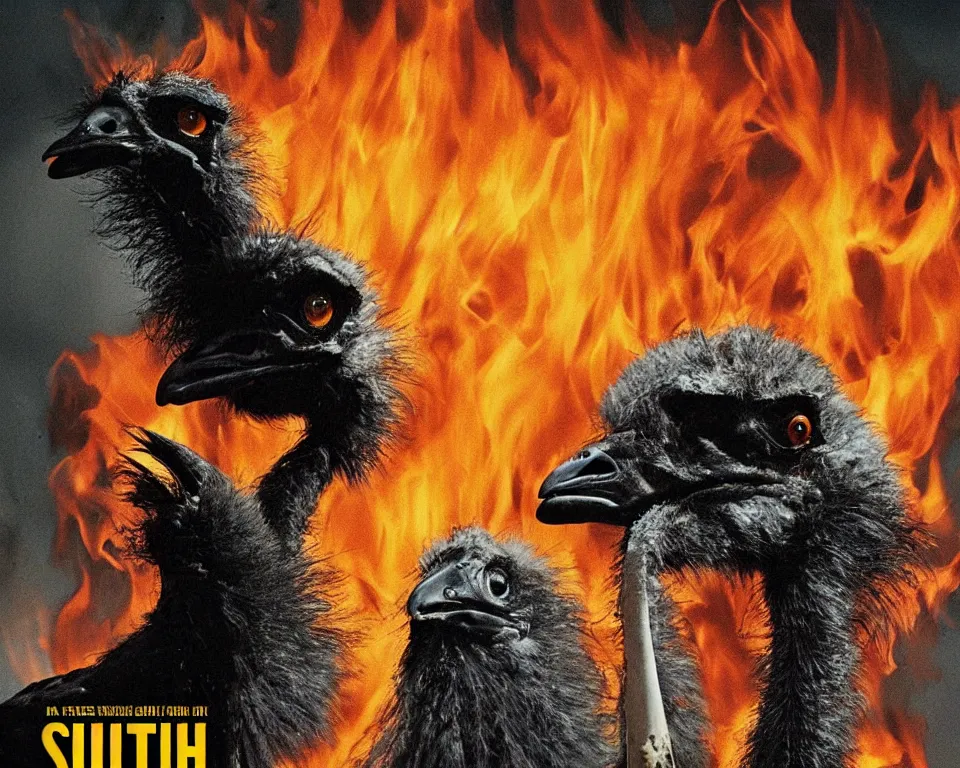 Image similar to a horror movie poster with an ostrich and a burning house with the words beware of the ostrich