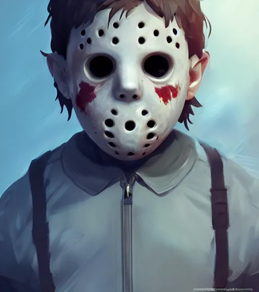 Image similar to beautiful little boy character inspired by jason voorhees and frankstein, art by rossdraws, wlop, ilya kuvshinov, artgem lau, sakimichan and makoto shinkai, concept art, anatomically correct, extremely coherent, realistic, smooth hd