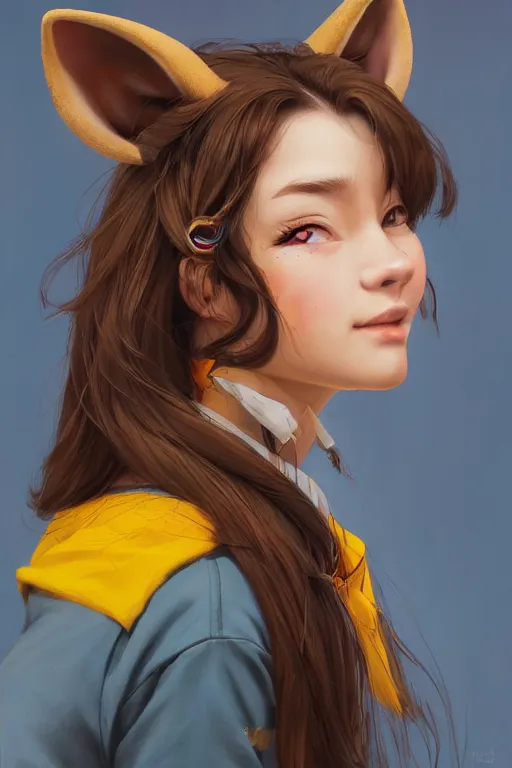 Image similar to girl with brown hair, short horns, long animal ears, a yellow t - shirt and blue overalls, geisha art portrait, illustration by ross tran, bo chen, toni infante, rebecca oborn, michael whelan, trending on artstation cgsociety hq