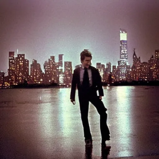 Prompt: “ nick stahl as an undercover cop walking in the rain at night in queens in the 1 9 9 0 s with the new york skyline in the distance. ”