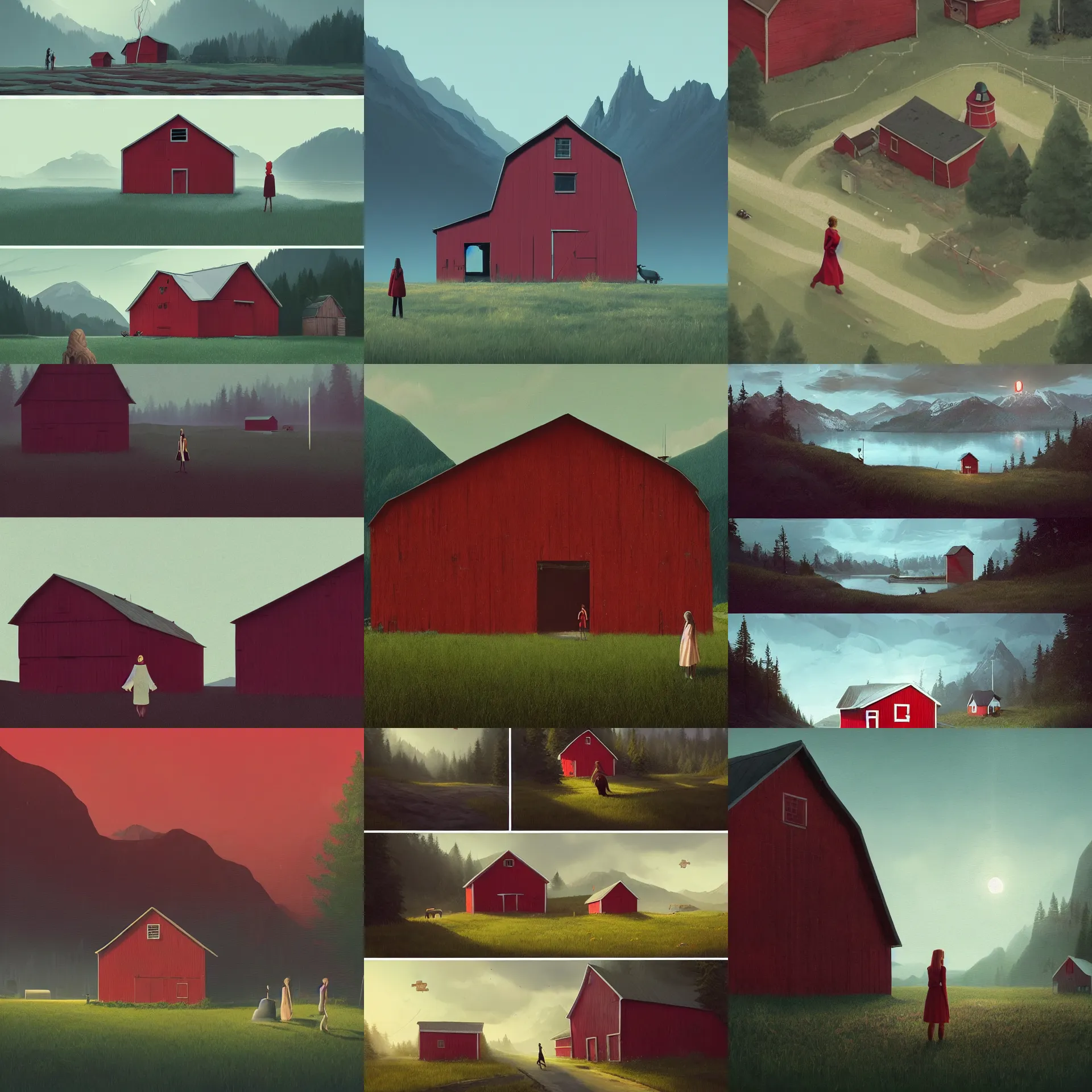 Prompt: simon stalenhag. composition : long shot. style : digital art ; concept ; mysterious ; 4 k. scenery : a sunny fjord with a lone gabled roof red barn. subject : a young woman with long black hair wearing a white dress. action : the woman is hiding inside the barn.