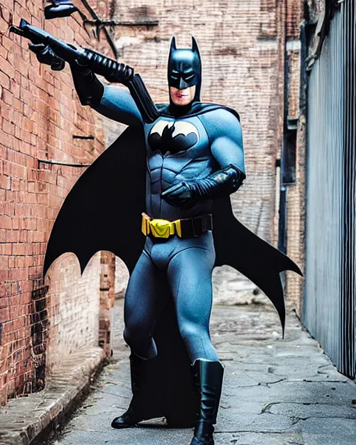 Image similar to happy batman firing super soaker water gun at playful criminals in an alleyway, everyone having fun, product advertisement, photography