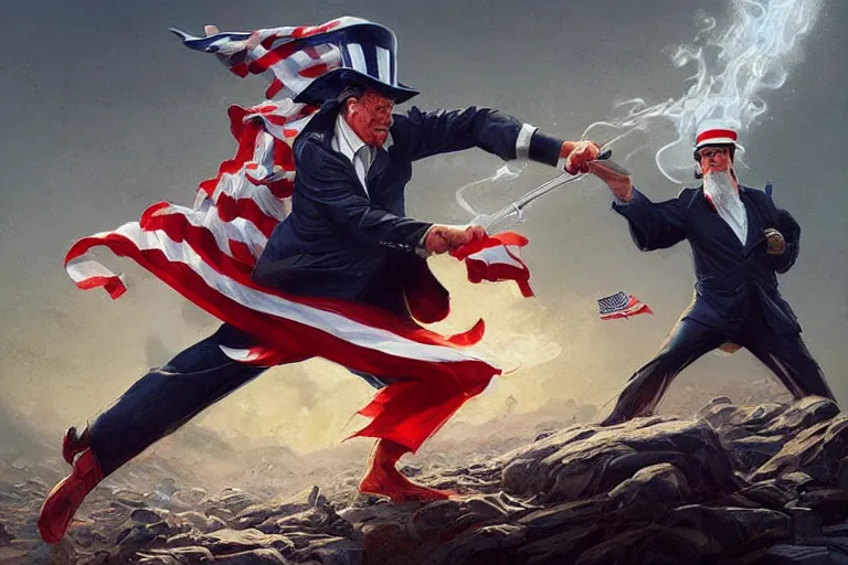 Image similar to uncle sam hitting steven seagal, intricate, elegant, highly detailed, digital painting, artstation, concept art, smooth, sharp focus, illustration, art by greg rutkowski, masterpiece, perfect composition, award - winning photography, cgsociety