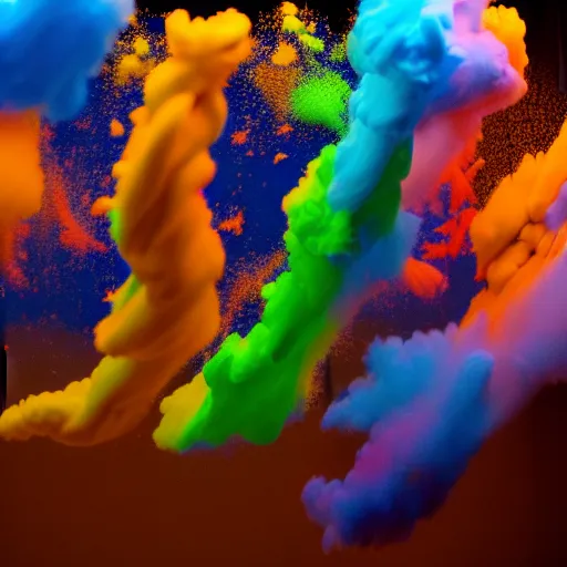 Image similar to photo of color powder explosion in art gallery, metropolitan museum of art, hellenistic sculptures, particles, fine detail