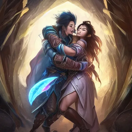 Image similar to a young couple, a human Asian male rogue and an Asian lightning goddess! hugging each other in front of the magical portal of eternity!, D&D, fantasy, intricate, elegant, highly detailed, portrait, medium shot, waist up, digital painting, artstation, concept art, matte, sharp focus, illustration, hearthstone, art by Artgerm and Greg Rutkowski and Alphonse Mucha