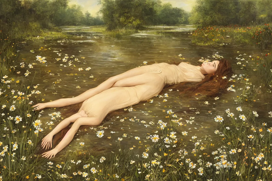 Image similar to Beautiful woman lying horizontal in a dark water stream. Flowers in hand. Golden brown dress, light dark long hair. Apathetic, pale, dead but beautiful. Poppies, daisies, pansies. Most accurate and elaborate studies of nature ever made. The background Hogsmill river in Surrey, rich Forest, dark, wood, bushes. Naturalistic strong green colors. Painting by John Everett Millais.