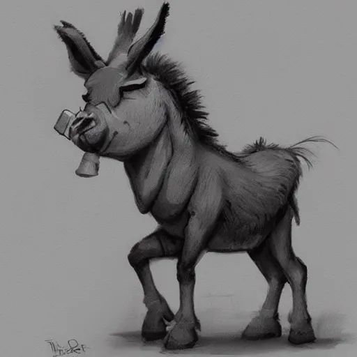 Prompt: angry donkey smoking a cigar, trending on artstation, concept art, Brittney Lee, Tyrus Wong