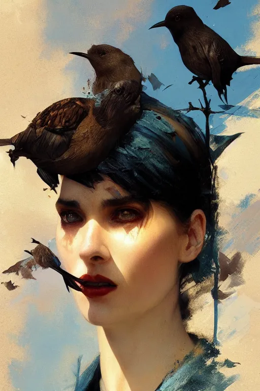 Image similar to birds, flock of brown black blue birds, oil painting, sunlit, paint texture, digital painting, highly detailed, artstation, sharp focus, illustration, concept art, ruan jia, charlie bowater, tom bagshaw, norman rockwell