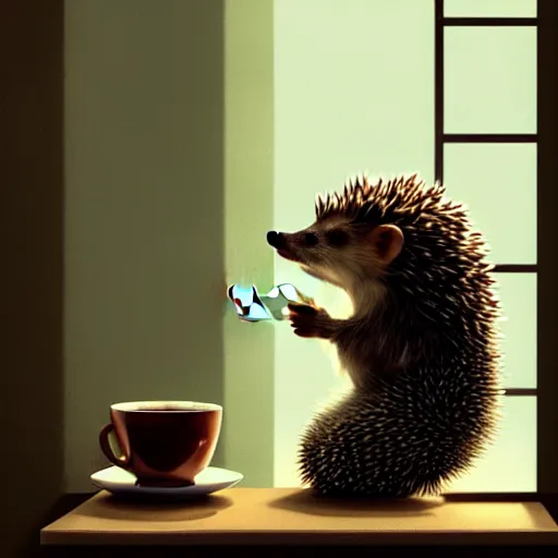 Prompt: photorealistic render of a hedgehog drinking coffee in the morning, by wlop, artgerm, greg rutkowski, alphonse mucha, beautiful dynamic dramatic dark moody lighting, shadows, cinematic atmosphere, artstation, concept design art, octane render, 8 k