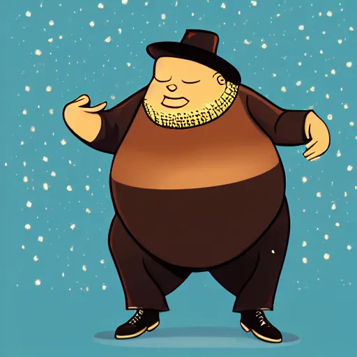 Prompt: a digital drawing of a fat man wearing a fedora doing a dab while pointing in the air to an exploding moon