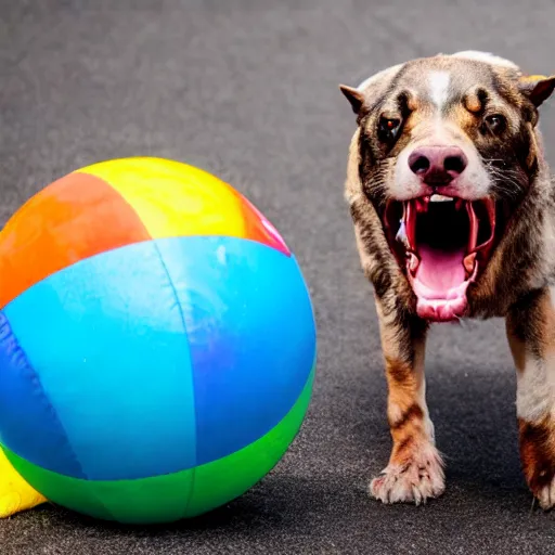 Image similar to snarling hellhound dog playing with a colorful beachball in hell