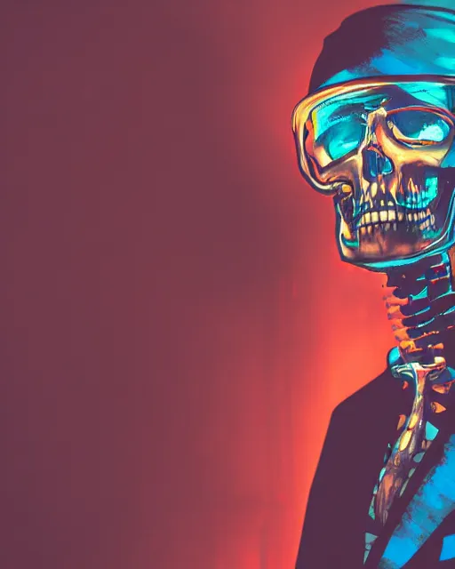 Prompt: dramatic cyberpunk portrait of a skeleton in a suit, red green blue color glow, atmospheric haze, intense shading, backlit