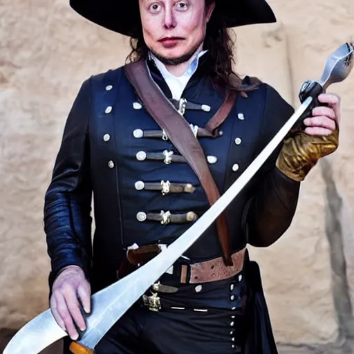 Prompt: photo of elon musk as a musketeer, he has a big black hat with a red feather, he is holding a shiny rapier sword and he is looking straight to the camera