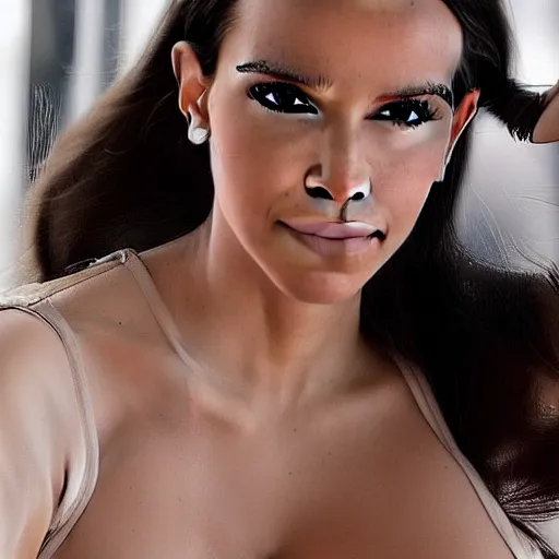 Image similar to a woman who is a genetic combination of kim kardashian and emma watson face and upper - body focus