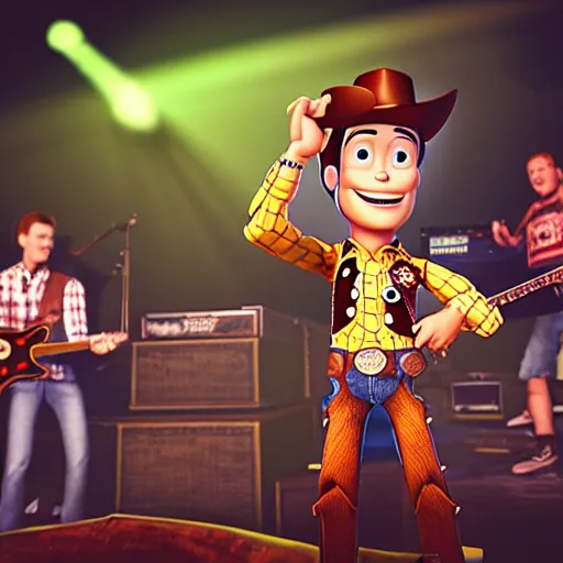 Image similar to flash photography of sheriff woody at a moshpit in local rock band