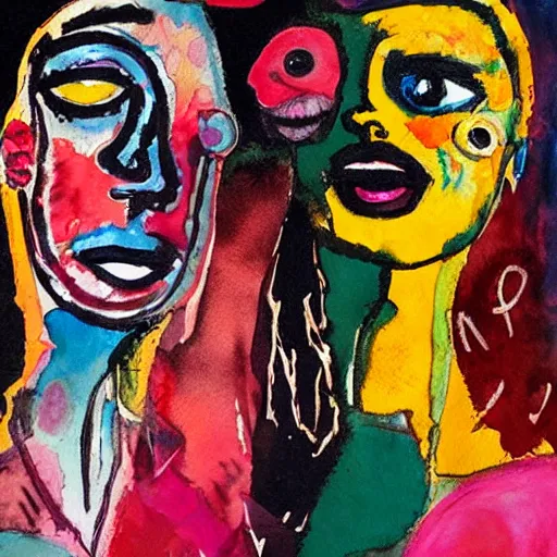 Image similar to watercolor painting of two bizarre psychedelic goth women kissing each other closeup in a cafe in spain, speculative evolution, mixed media collage by basquiat and jackson pollock, maximalist magazine collage art, sapphic art, lesbian art, chemically damaged