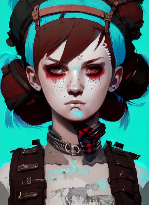 Image similar to highly detailed closeup portrait of a sewer punk pretty female road warrior student, tartan garment, cyan hair pigtails with headband by atey ghailan, by greg rutkowski, by greg tocchini, by james gilleard, by joe fenton, by kaethe butcher, gradient red, black, brown and white color scheme, grunge aesthetic!!! white graffiti tag wall background