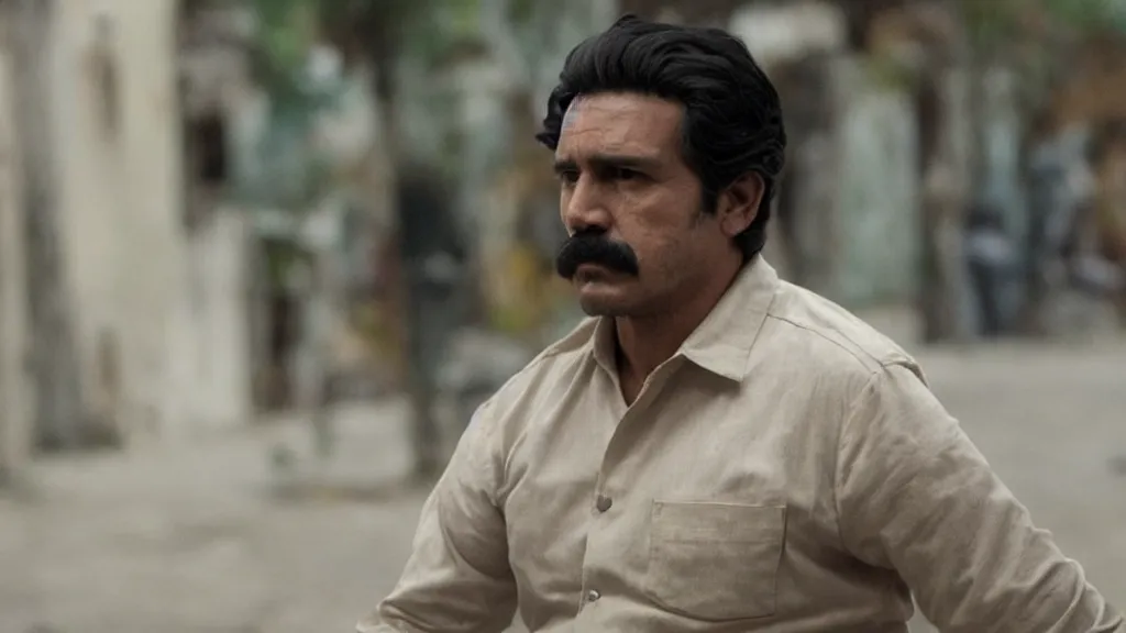 Prompt: A still of Nemesio Oseguera Cervantes from the Narcos: Mexico TV show, yellow lighting