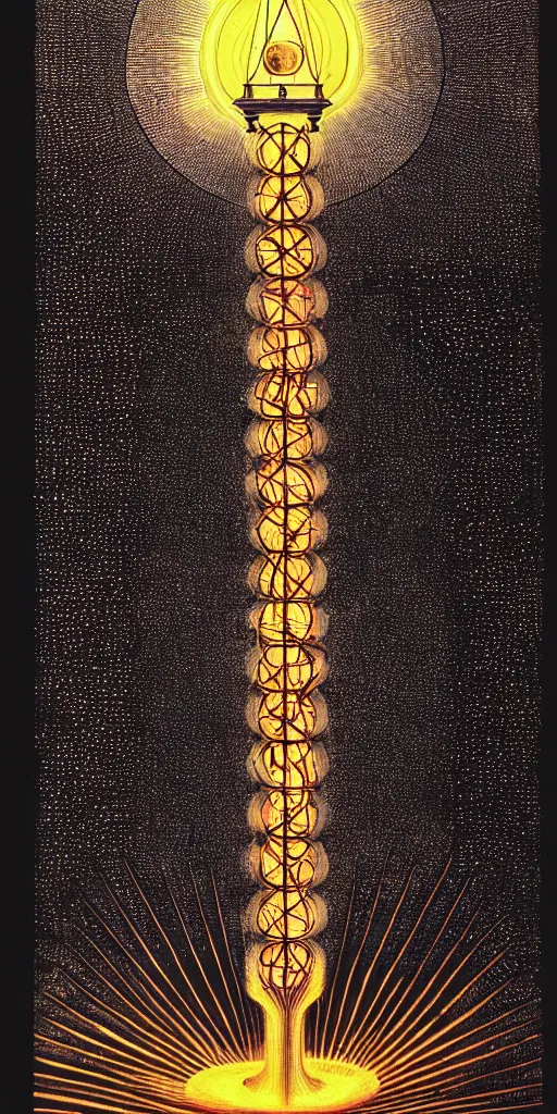 Image similar to an alchemical fiery lighthouse radiates a unique canto'as above so below'while being ignited by the spirit of haeckel and robert fludd, breakthrough is iminent, glory be to the magic within, in honor of saturn, painted by ronny khalil