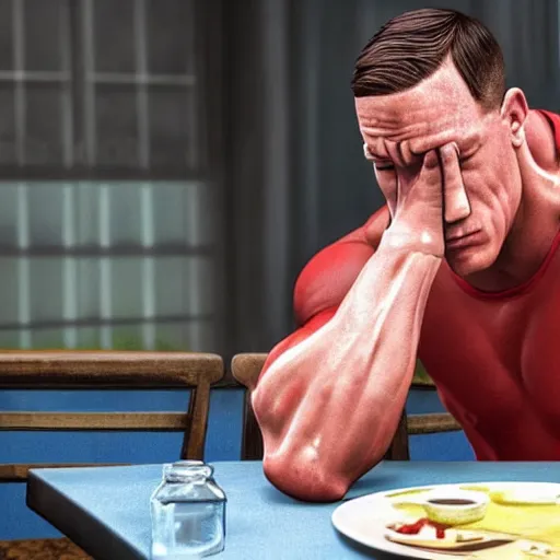 Image similar to john cena sitting at a table breaking down and crying about the fact that his social credit score has gone down for the 5 0 th time this week realistic hyperrealistic 4 k resolution 8 k resolution highly detailed very detailed extremely detailed hd quality detailed face very detailed face extremely detailed face trending on artstation