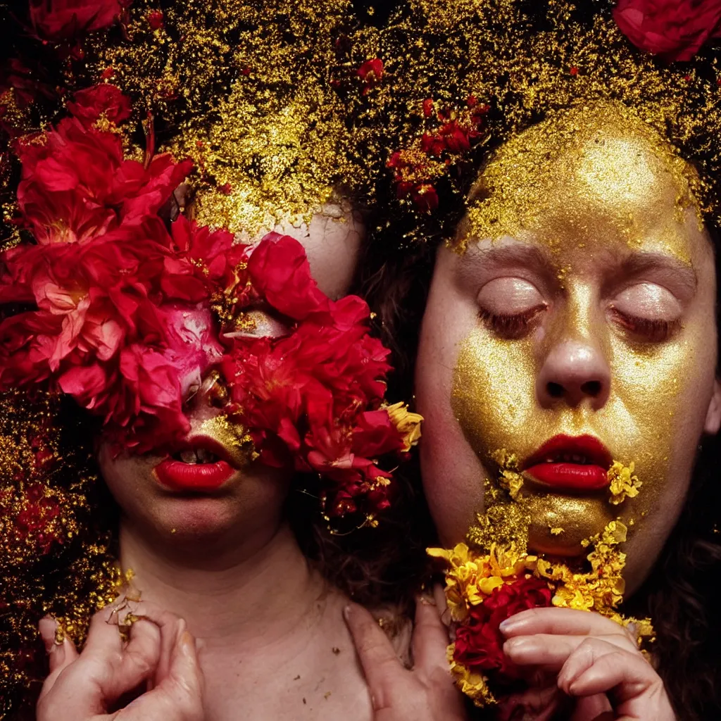 Prompt: award winning emotional heartbreaking full body photo of todd solondz crying, draped in shiny golden oil, red lipstick, tease, flowers and gold, vivid colors, weird and disturbing, symmetrical face, neon lights, studio lighting, wide shot art by sally mann & arnold newman