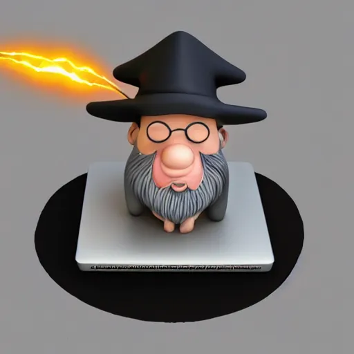 Image similar to cute clay cartoon, 3d model, trending, art render, happy smiling grey beard wizard that is zapping a laptop with electricity from his hands