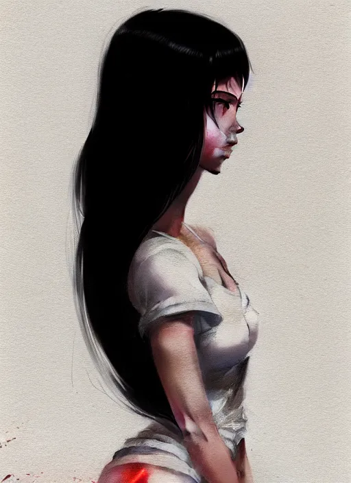 Prompt: ultradetailed beautiful stylish young lady wearing a short top, dramatic, she has black long hair, distressed, volumetric light, full body portrait by greg rutkowski, ilya kuvshinov, james jean, makoto shinkai, on artstation